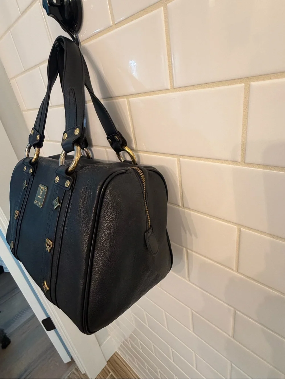 MCM Black Leather Satchel with Gold Plaque and Hardware - Picture 3 of 7